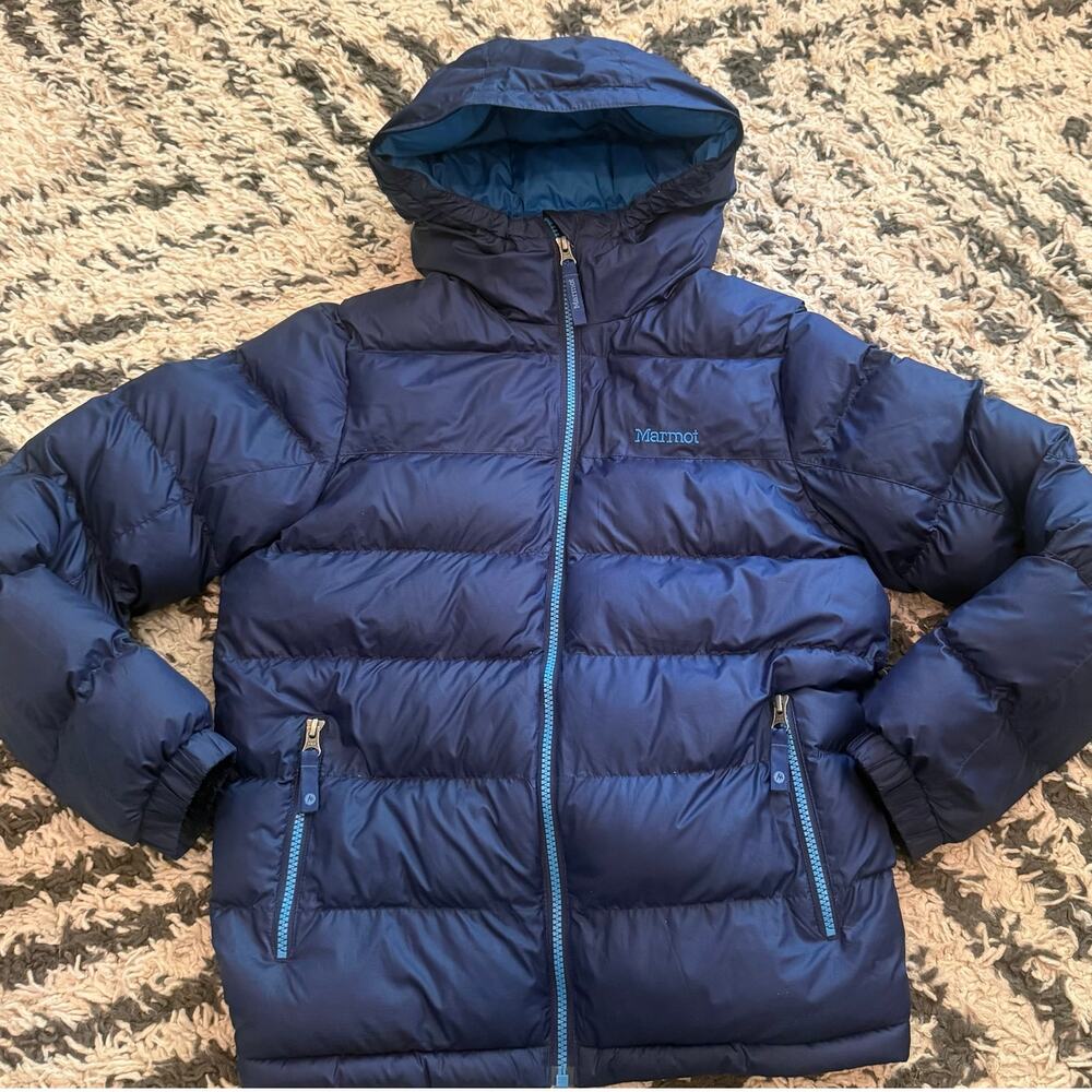Marmot Cirque Featherless Puffer Jacket Hooded Coat Boys Girls L 10 12 Navy Blue
